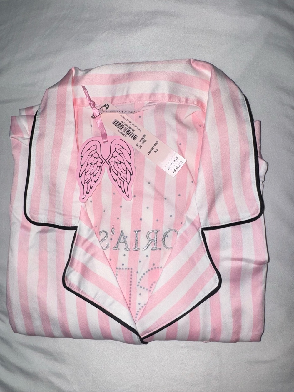 Victoria's Secret Pink and White Striped Kids Pajama Set with Black Piping